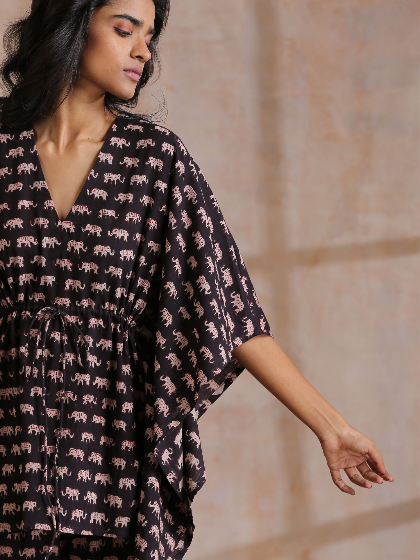 trueBrowns Black Elephant Bagru Print Cotton Kaftan Co-Ord Set - Distacart