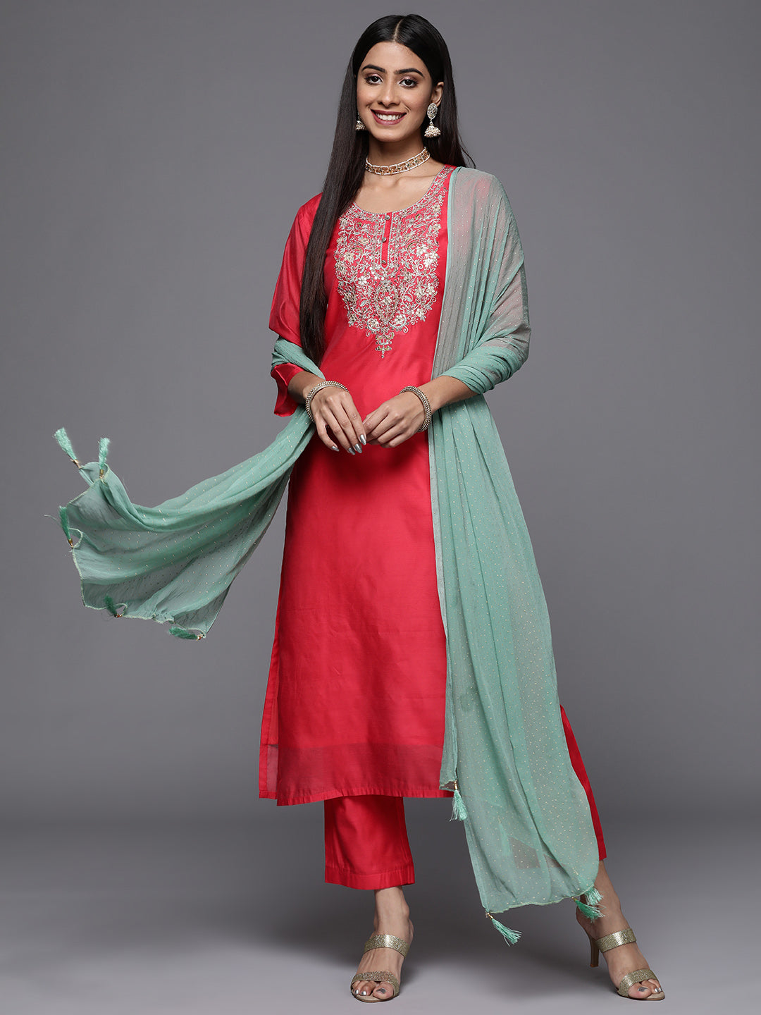 Varanga Pink Embroidered Kurta Paired With Straight Tonal Bottom And Contrast Dupatta - Distacart