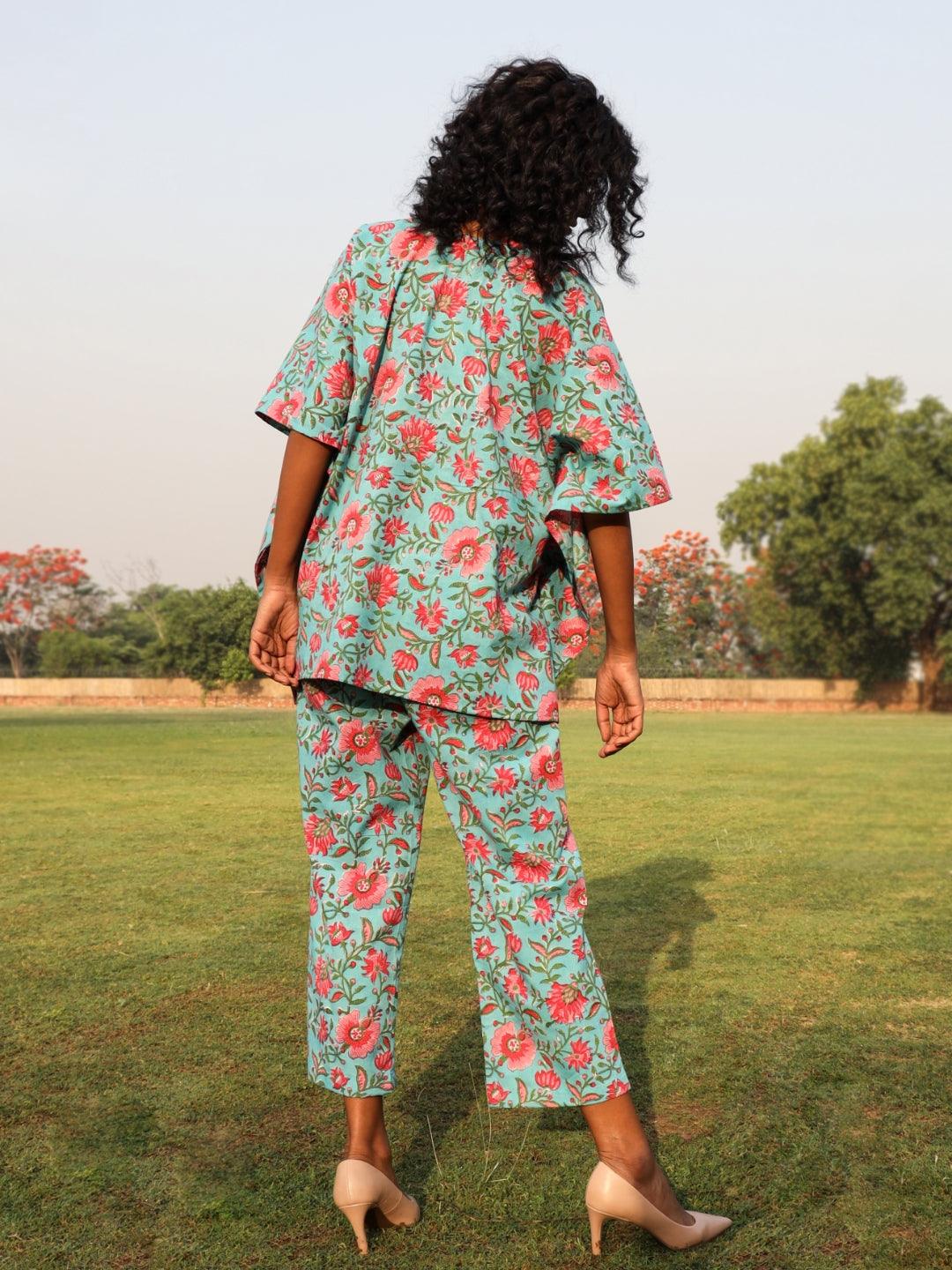 trueBrowns Aqua Cotton Block Print Kaftan Co-Ord Set - Distacart
