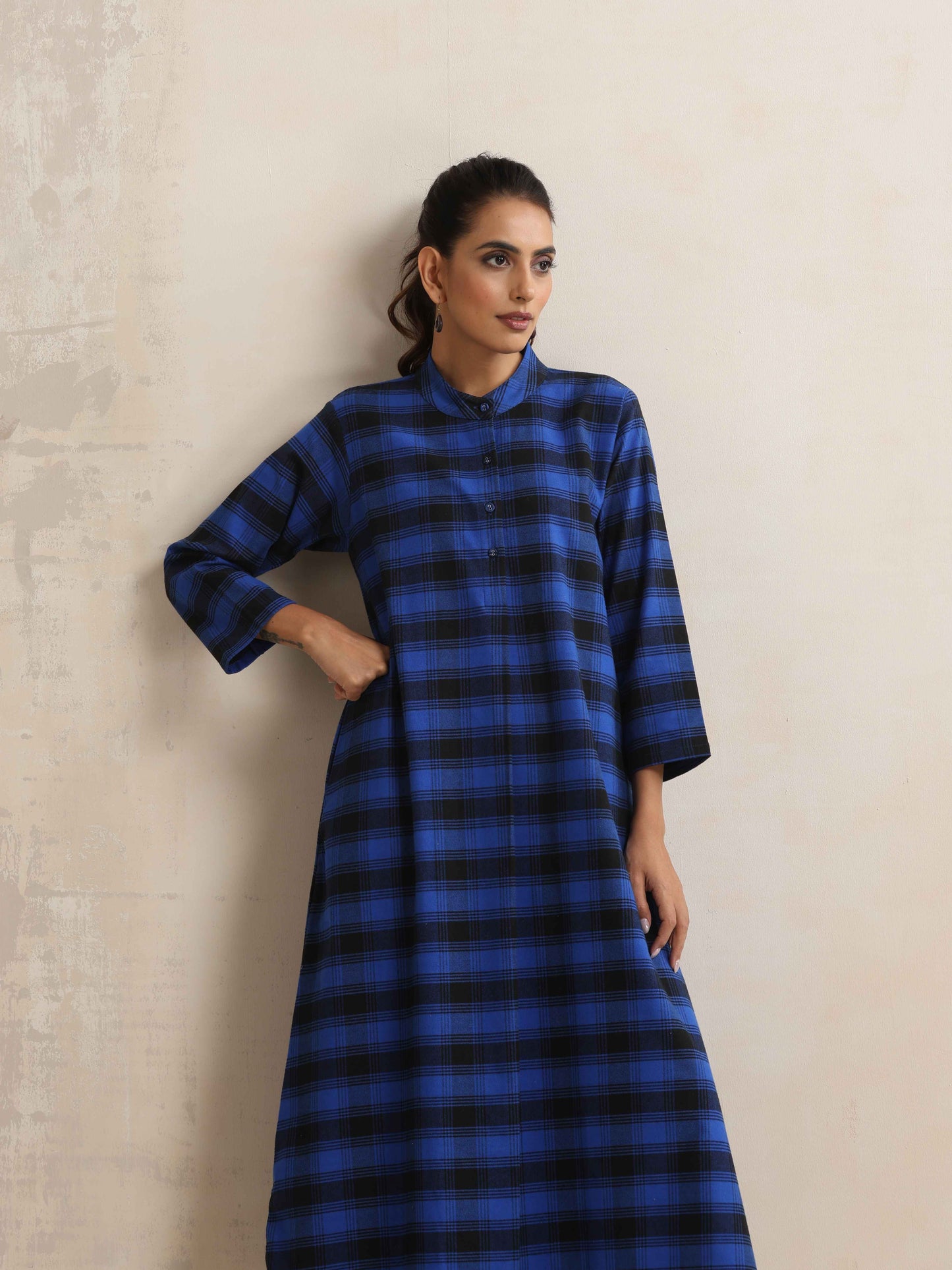trueBrowns Blue Check Flared Winter Dress - Distacart