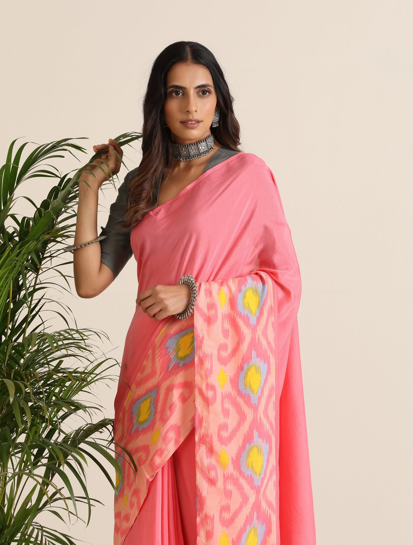trueBrowns Pink Lime Muslin Ikat Saree - Distacart