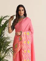 Thumbnail for trueBrowns Pink Lime Muslin Ikat Saree
