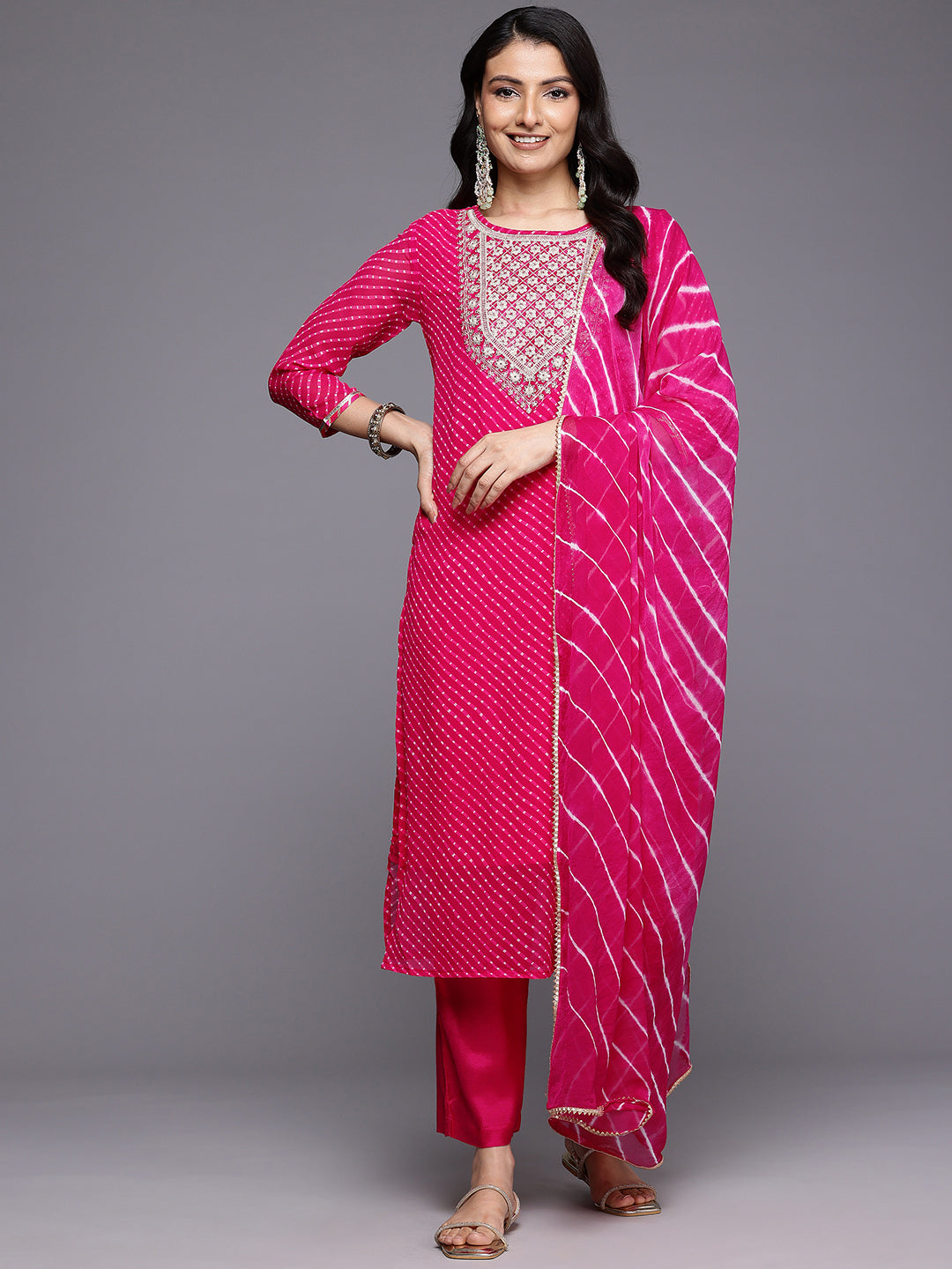 Varanga Women Pink Bandhani Zari And Sequins Embroidered Kurta Set With Dupatta - Distacart