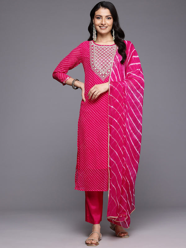 Varanga Women Pink Bandhani Zari And Sequins Embroidered Kurta Set With Dupatta