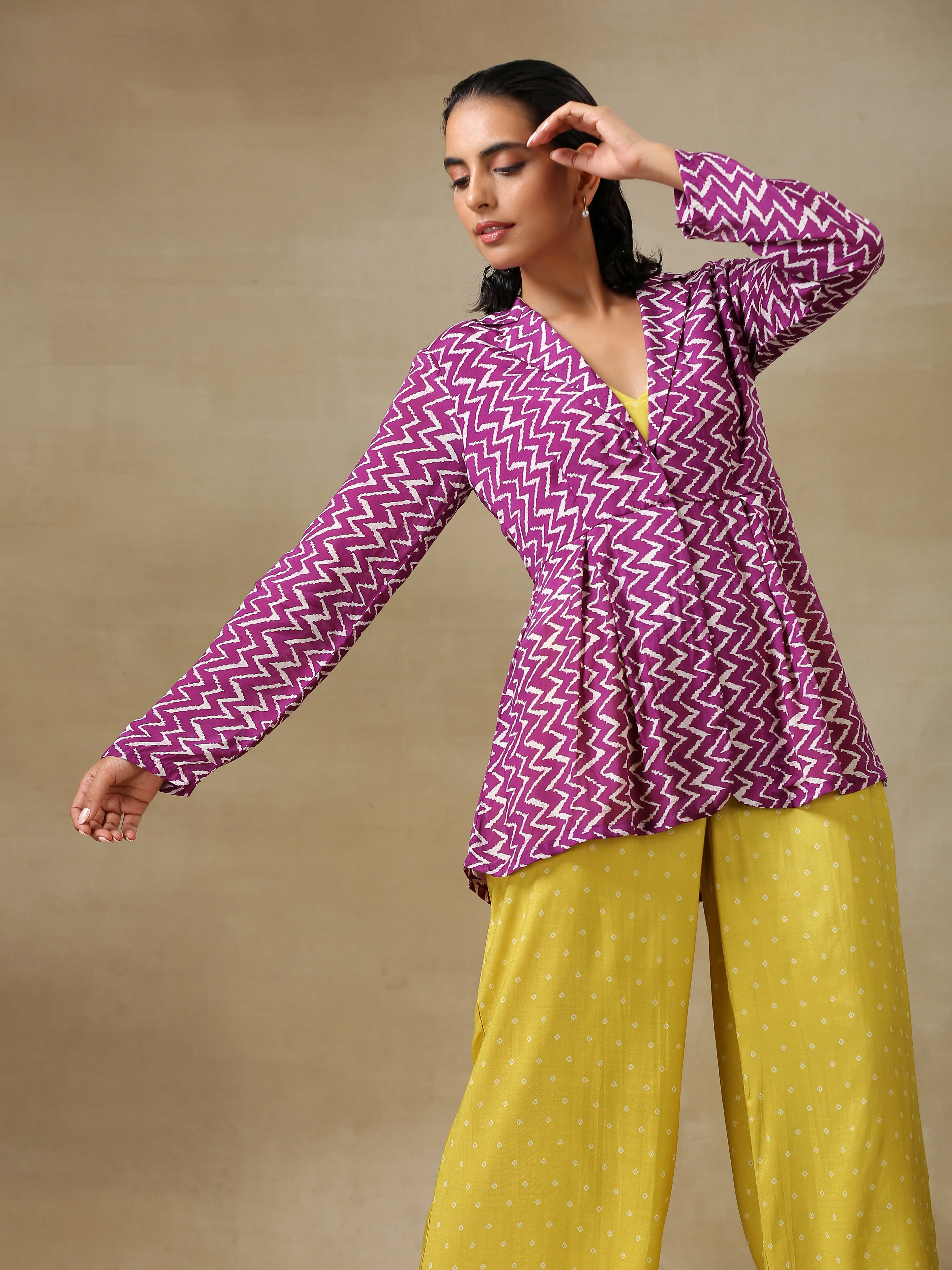 trueBrowns Lime Green Bandhani Printed Silk Top Pant with Purple Printed Jacket Set - Distacart