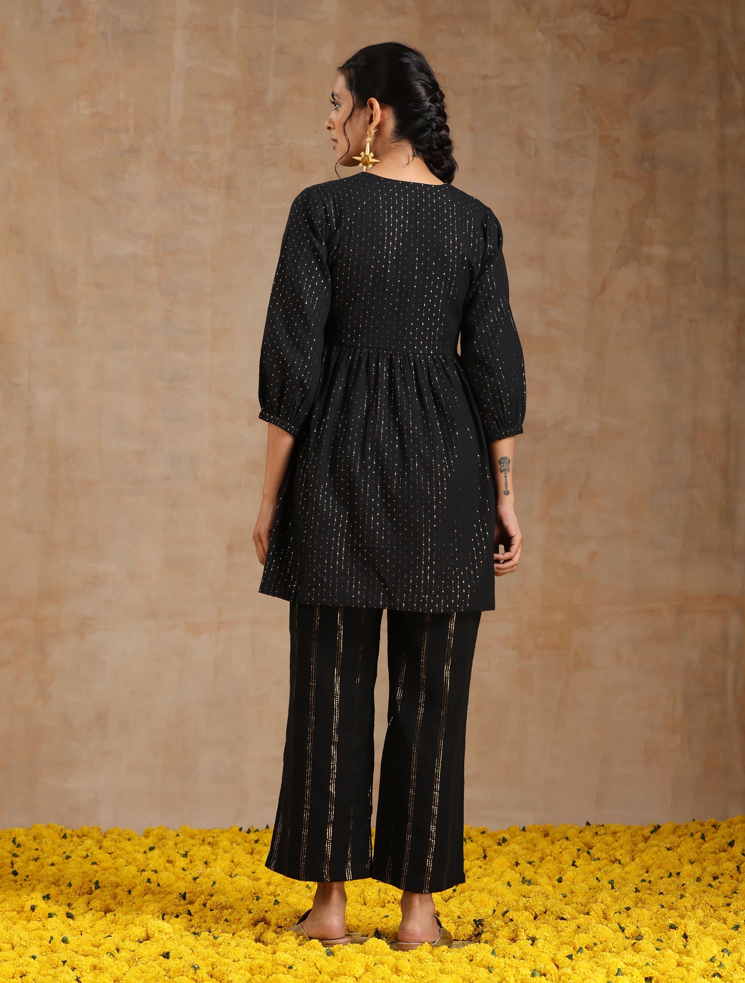 trueBrowns Black Gold Cotton Overlap Co-Ord Set - Distacart