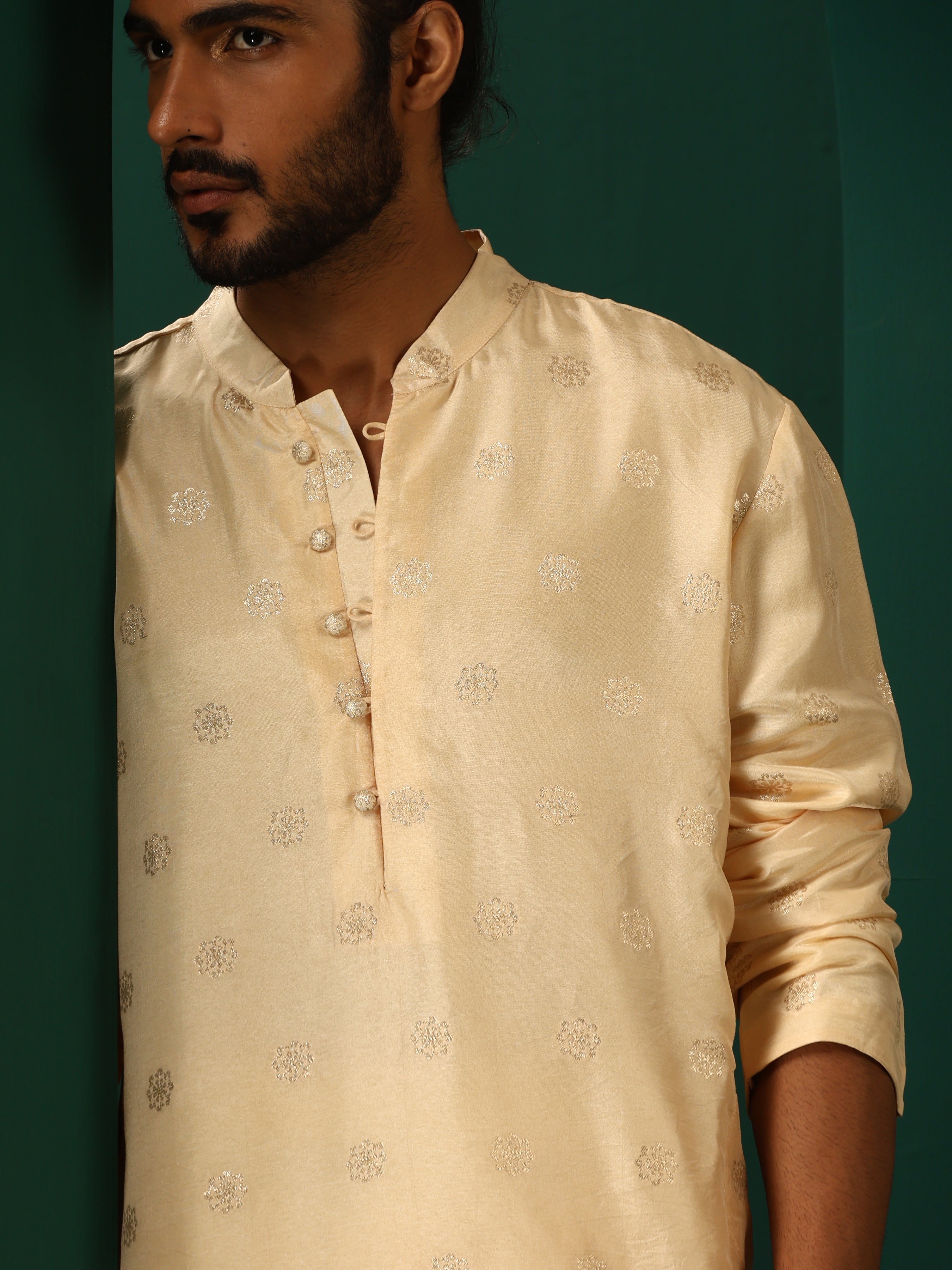 trueBrowns Men's Ivory Geometric Floral Viscose Silk Long Kurta - Distacart