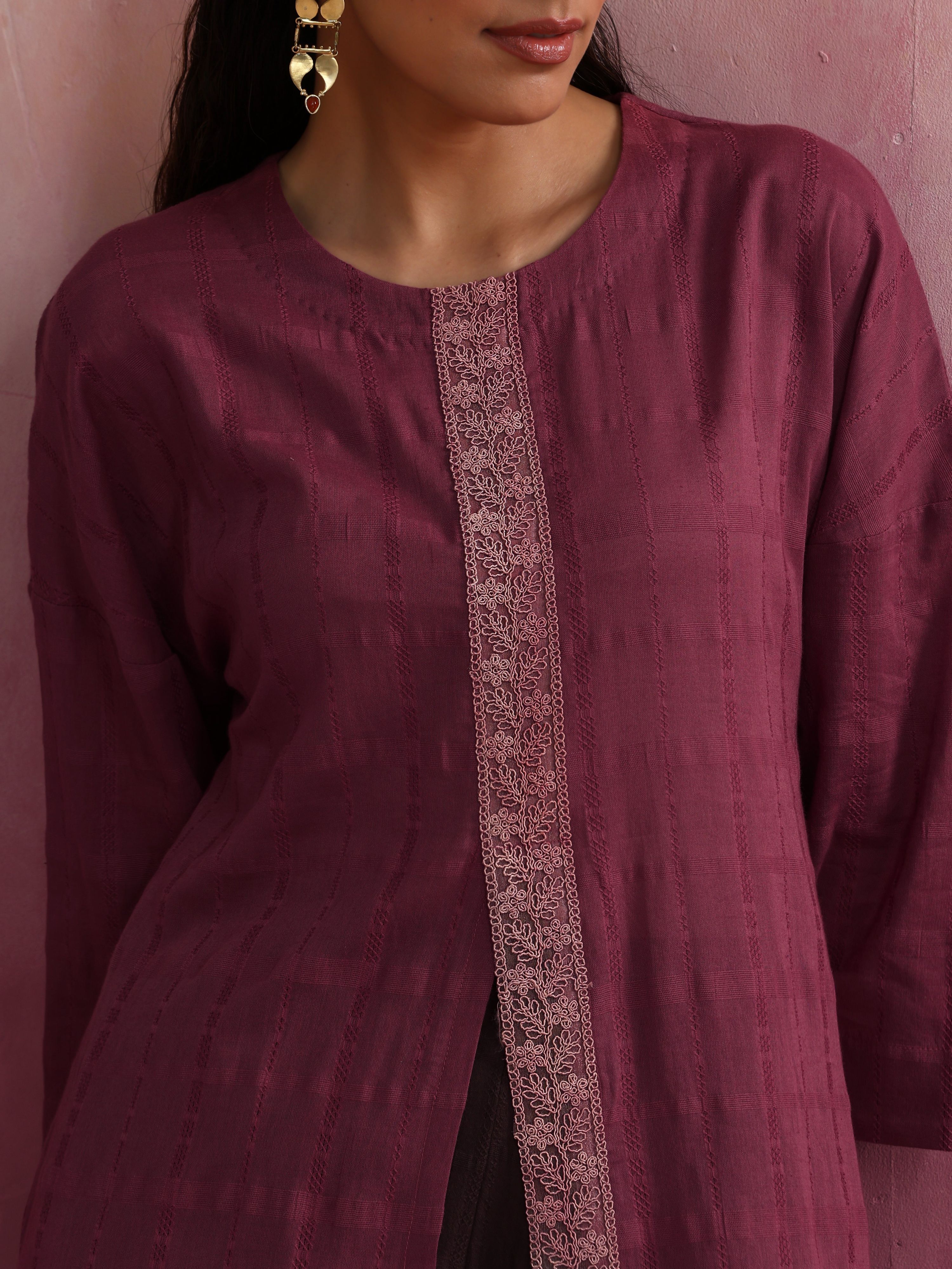 trueBrowns Mauve Cotton Dobby Front Slit Kurta Set - Distacart