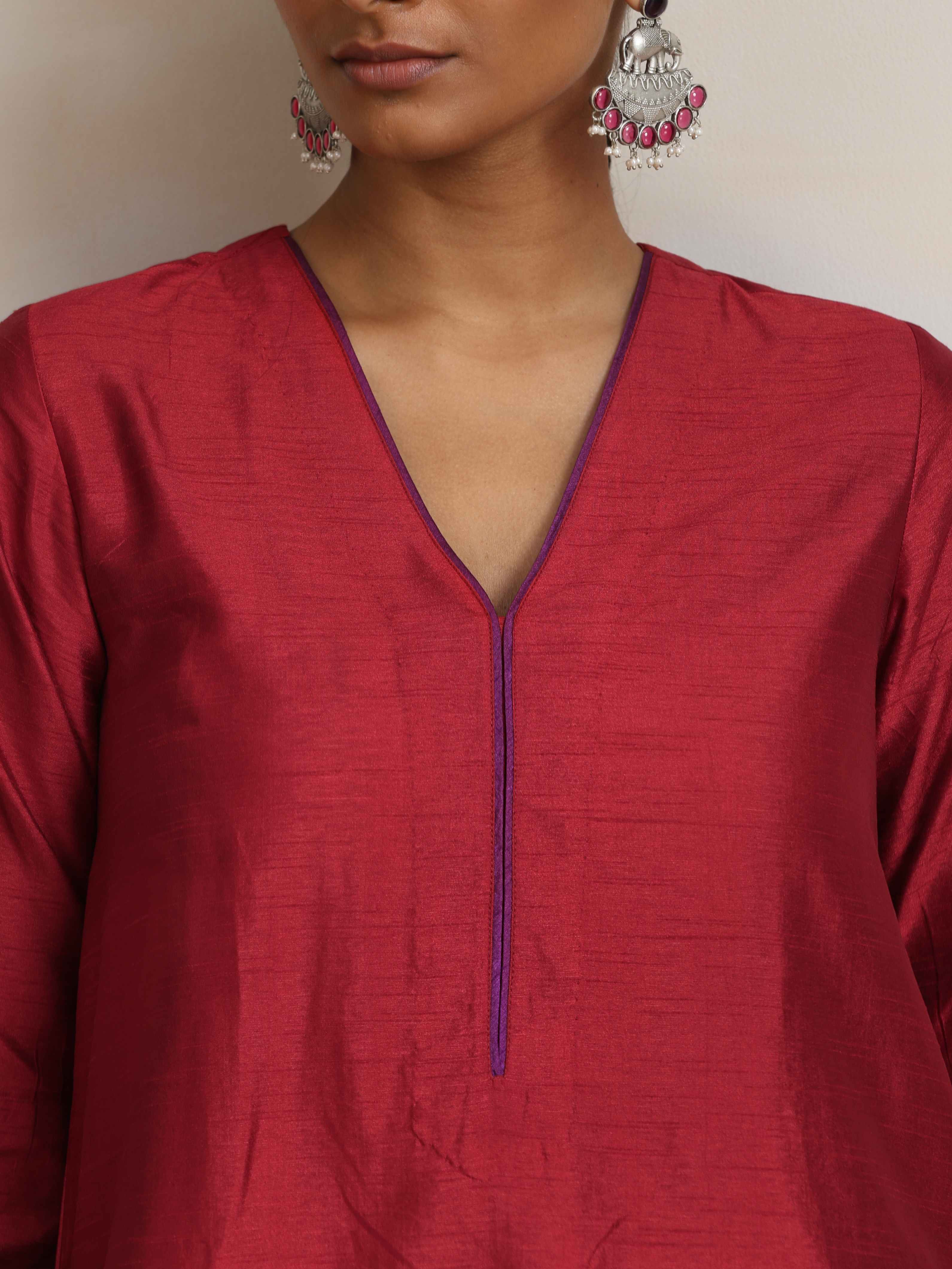 trueBrowns Red Silk Kurta Set - Distacart