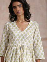 Thumbnail for trueBrowns Green Buta On Off White Block Print Cotton Slit Gathered Kurta Set - Distacart