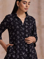 Thumbnail for trueBrowns Black White Floral Print Cotton Collar Short Co-Ord Set - Distacart