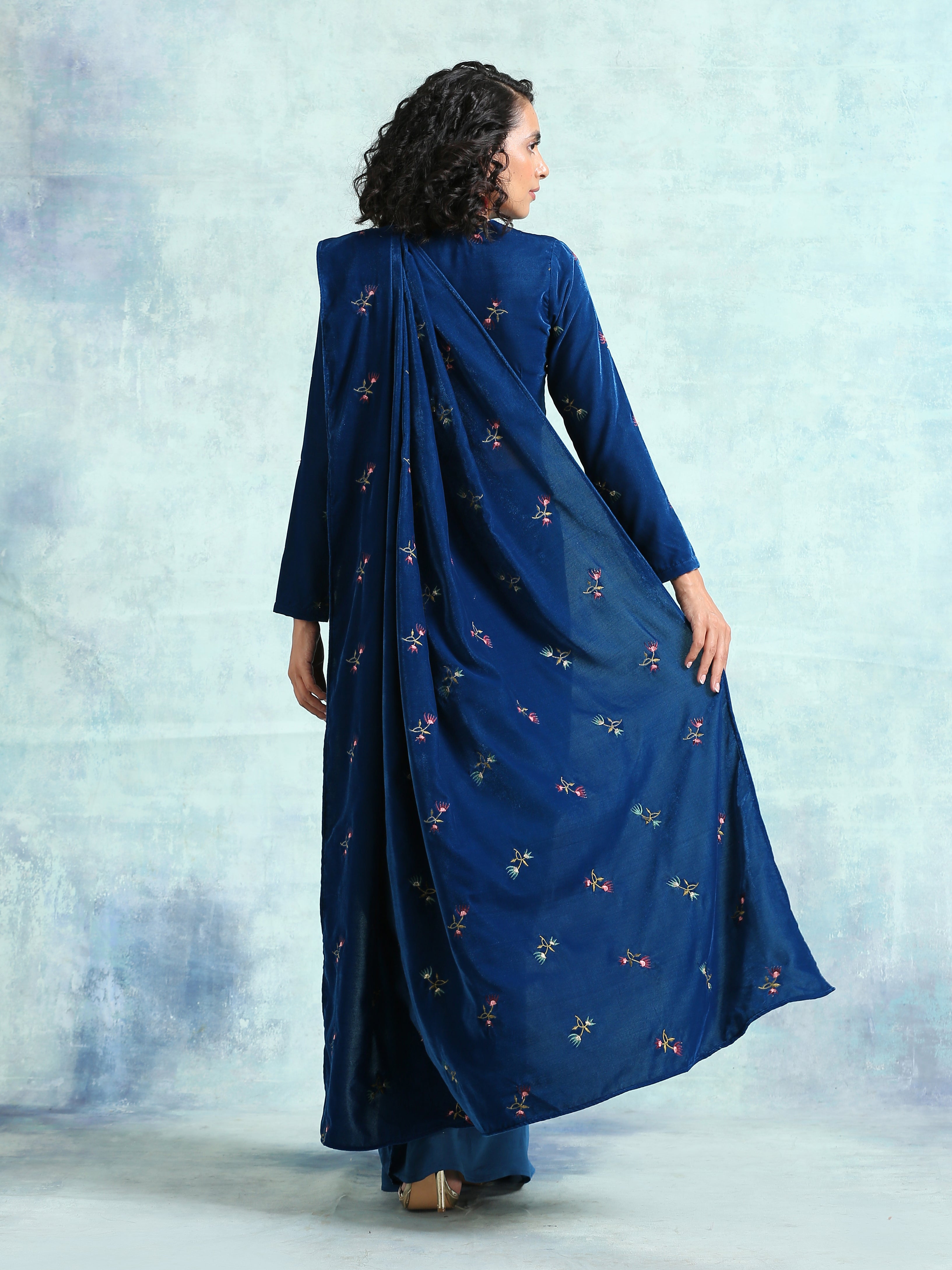 trueBrowns Blue Embroidered Velvet Ready to Wear Saree - Distacart