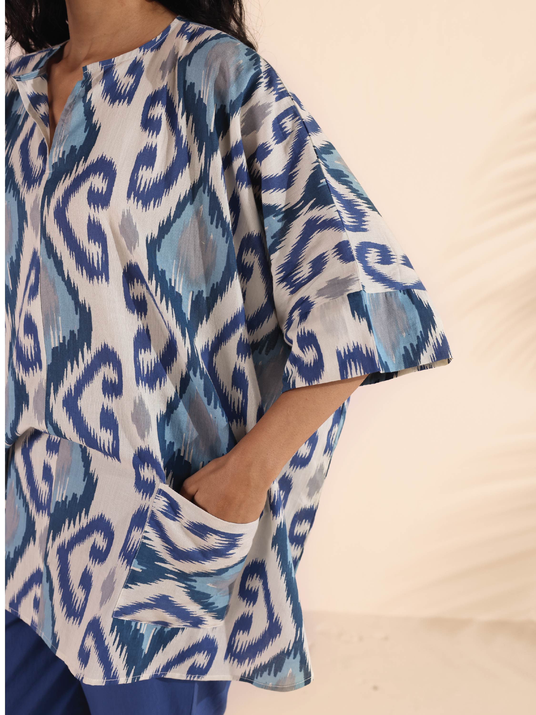 trueBrowns Blue Cotton Ikat Kaftan Co-ord Set - Distacart