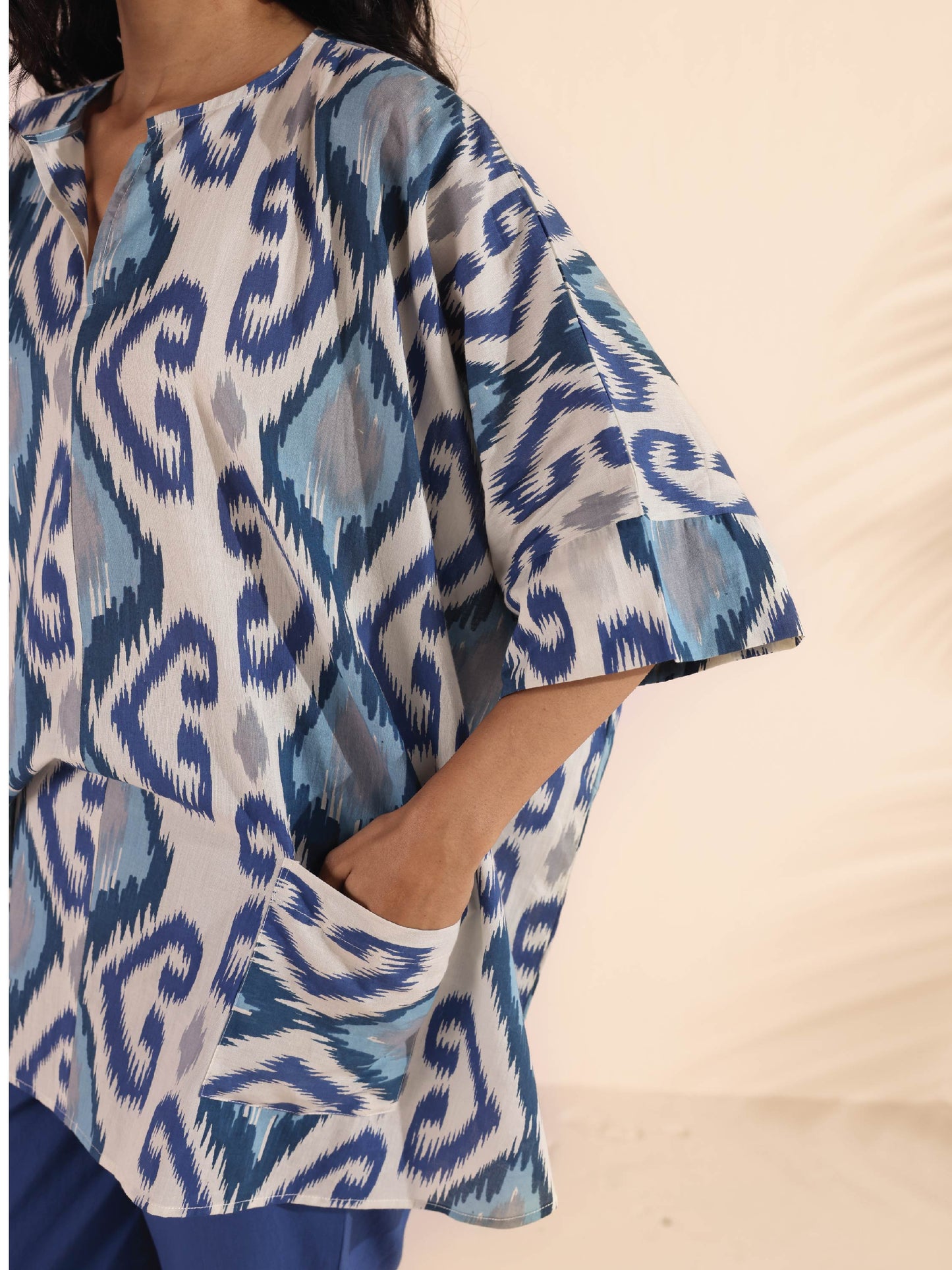 trueBrowns Blue Cotton Ikat Kaftan Co-ord Set - Distacart