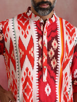 Thumbnail for trueBrowns Men's Maroon Ikat Print Mandarin Collar Kurta - Distacart