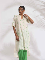 Thumbnail for trueBrowns Off-White Cotton Floral Embroidered Straight Kurta Set