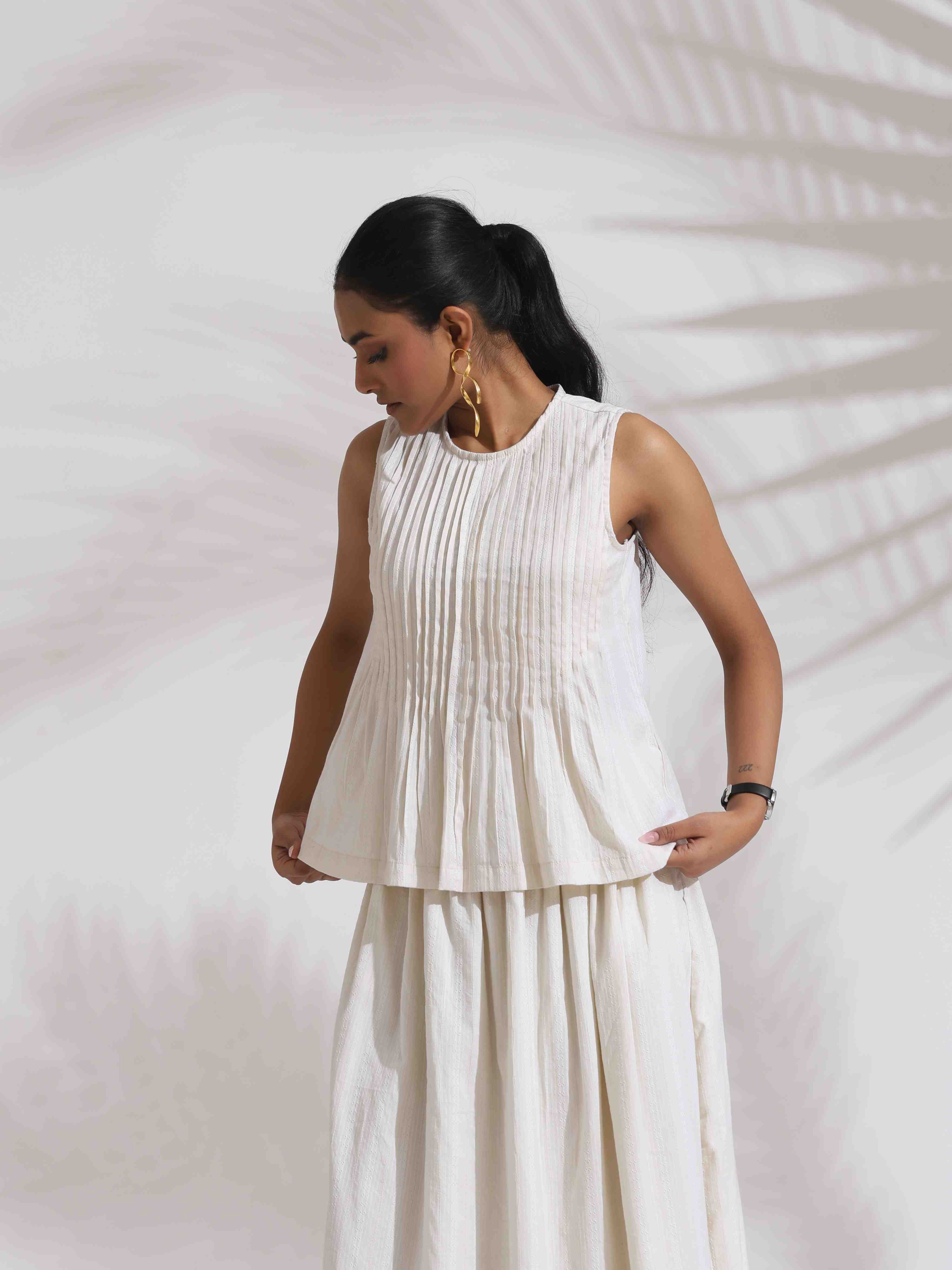 trueBrowns Off-White Cotton Skirt Co-ord Set