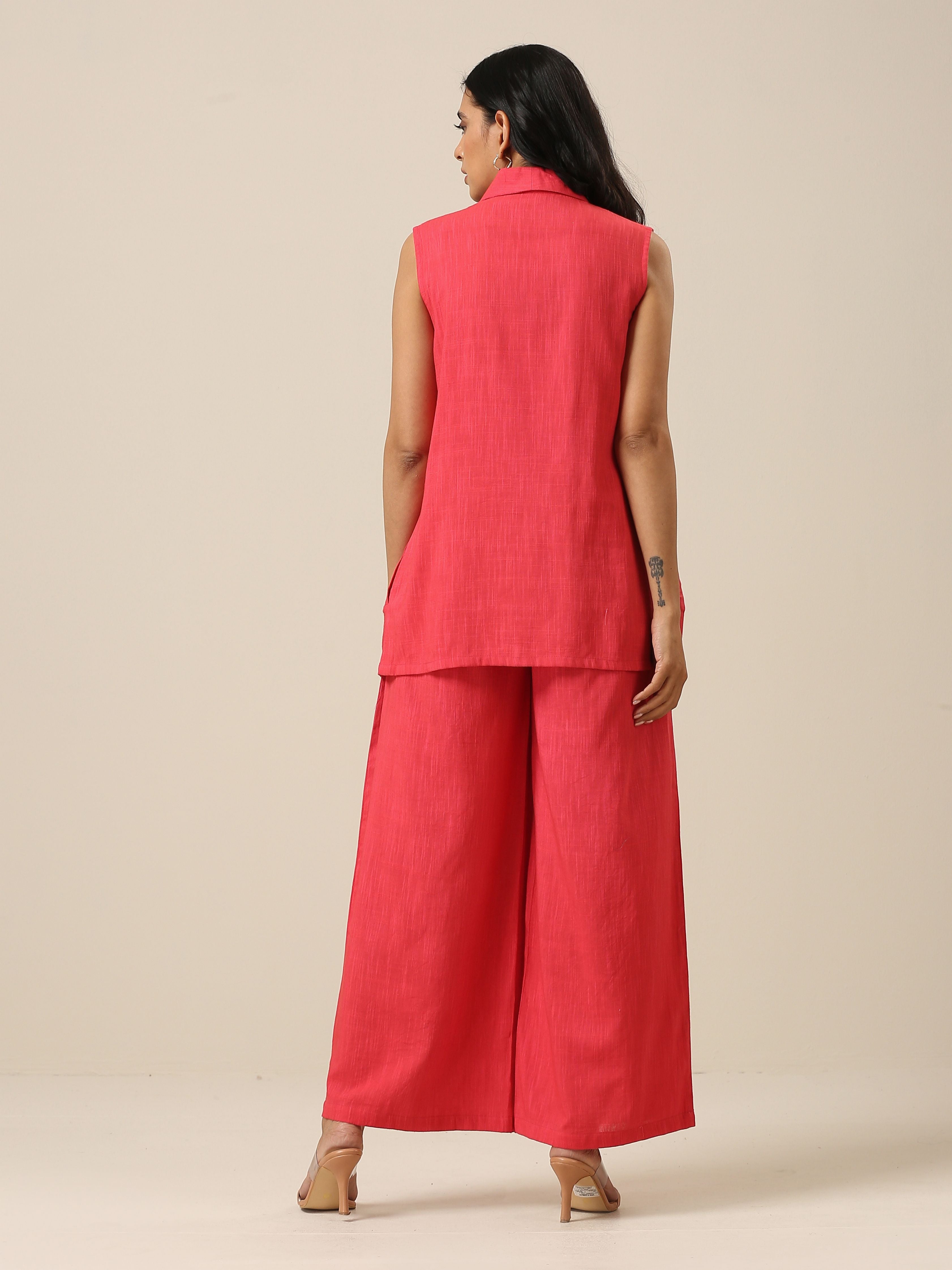 trueBrowns Bright Pink Slub Texture Sleevesless Jacket Pant Set - Distacart