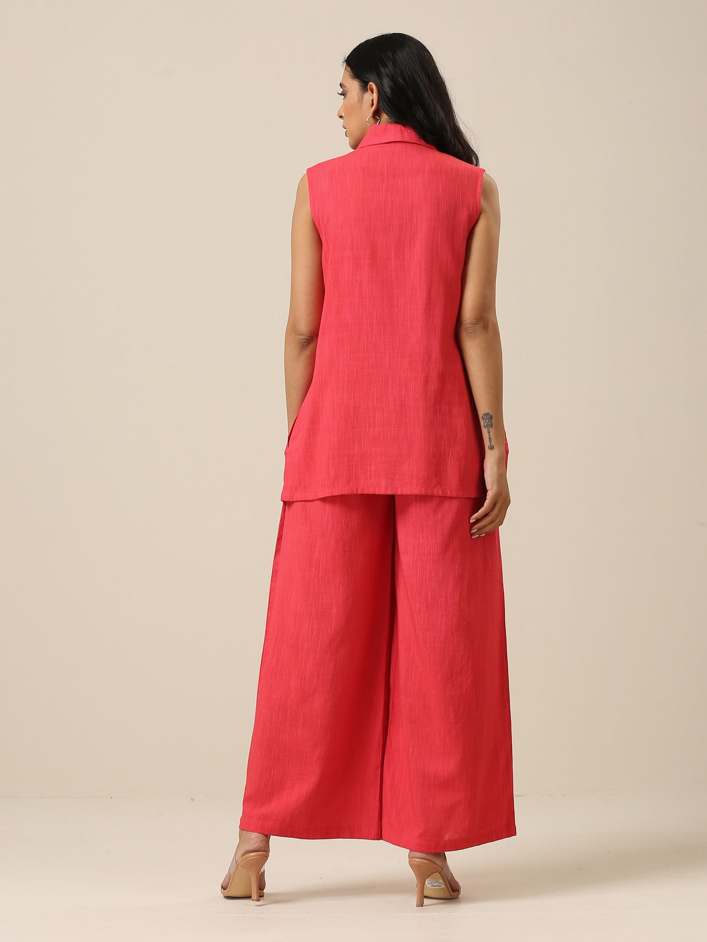 trueBrowns Bright Pink Slub Texture Sleevesless Jacket Pant Set - Distacart