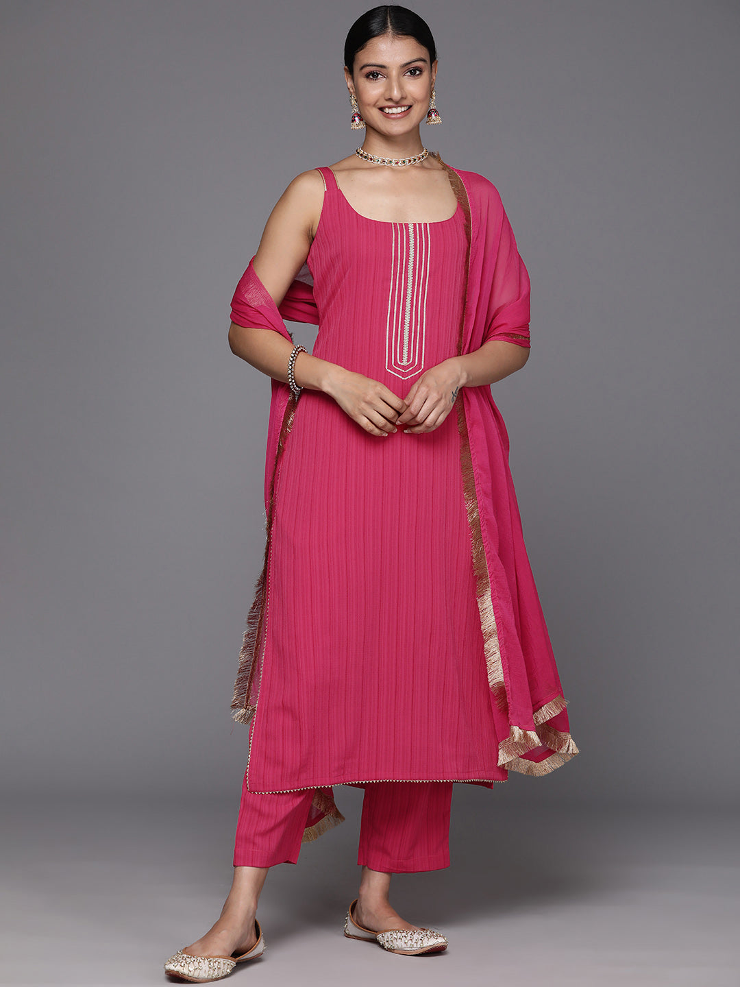 Varanga Women Pink Round Neck, Spaghetti Strap Style Straight Kurta Paired With Tonal Bottom And Dupatta - Distacart