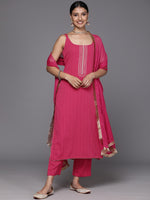 Thumbnail for Varanga Women Pink Round Neck, Spaghetti Strap Style Straight Kurta Paired With Tonal Bottom And Dupatta - Distacart
