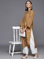 Thumbnail for Varanga Women Mustard Floral Printed Straight Kurta With Flared Sleeves - Distacart