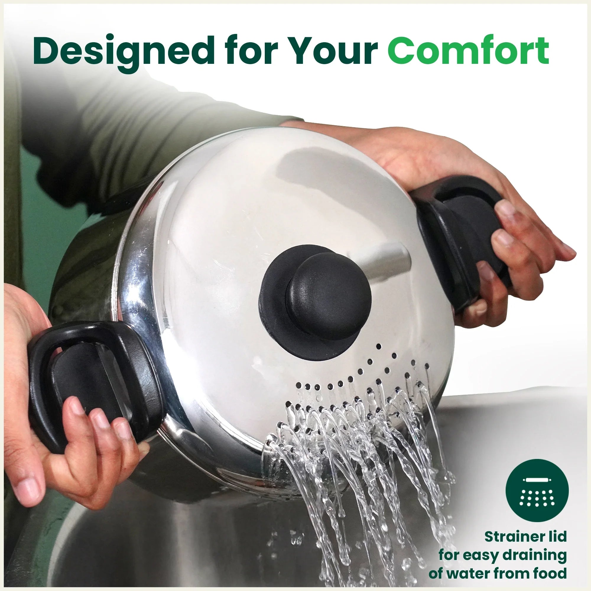 The Indus Valley Tri-steel Stainless Steel Rice Pot with Strainer Lid & Lockable Bakelite Handles, Tri-ply 3-Layer Heavy Bottom | Noodle/Pasta/Corn/Soya/Veggies Boiler Pot, Steamer Cooker, Induction & Gas, 1.08 Kg, 19cm, 3.5 L