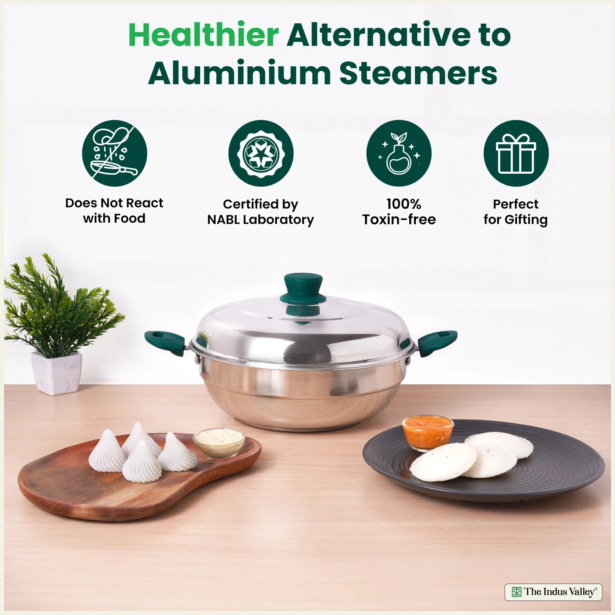 The Indus Valley 14 Pit Tri-Steel Multi Pot Premium Stainless Steel Idli/ Momo Maker/  Veg Steaming Set, Tri-ply Induction Bottom, 2 Plates, 27cm