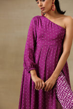 Thumbnail for trueBrowns Purple Bandhani Printed Silk One Shoulder Kurta Pant Set - Distacart