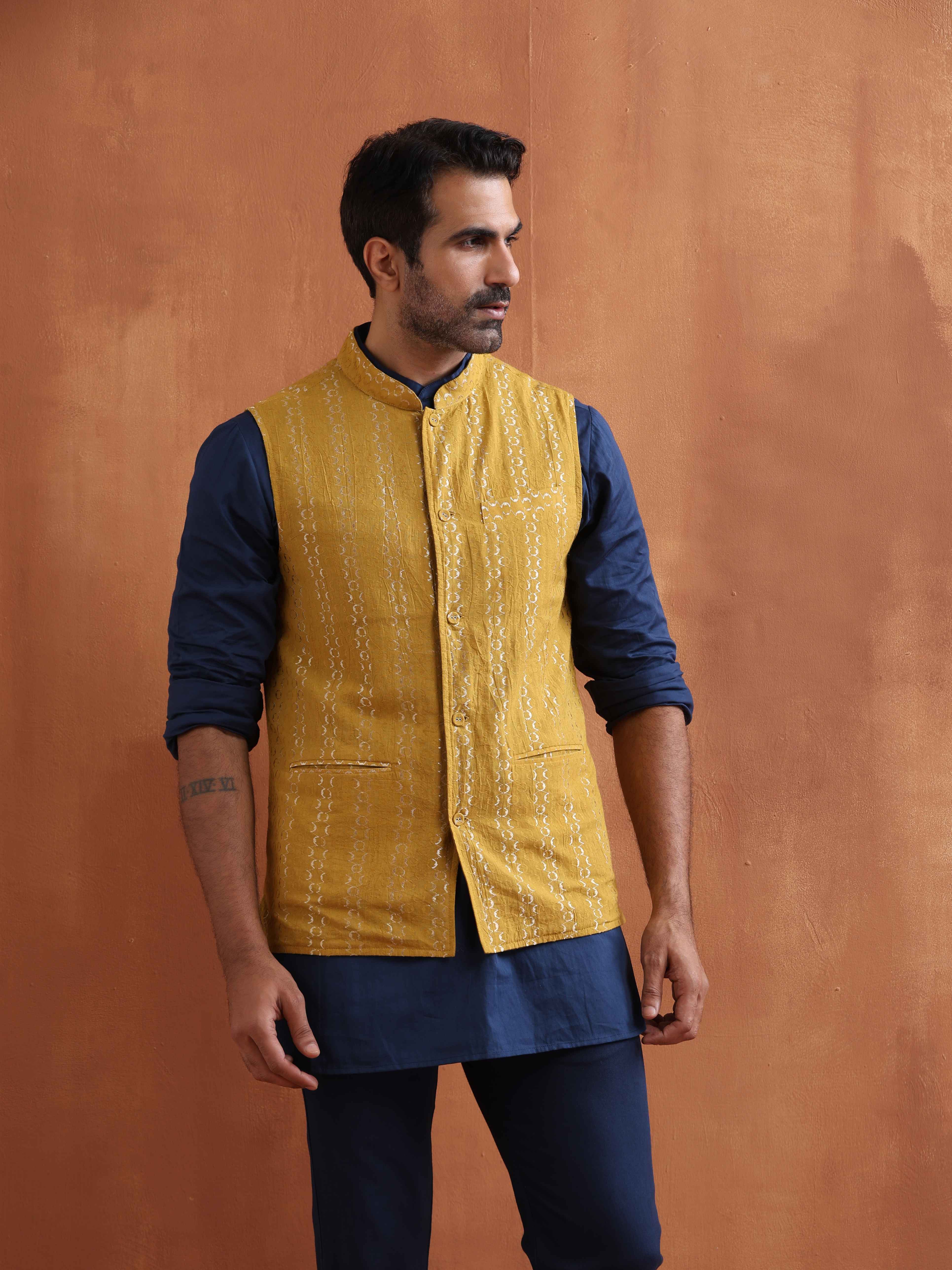 trueBrowns Men's Mustard Cotton Dobby Reversible Nehru Jacket