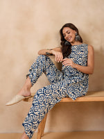 Thumbnail for InWeave Peacock Blue White Moroccan Print Round Neck Kurta Set