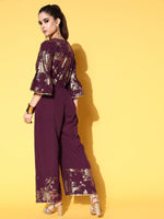 Thumbnail for Ahalyaa Burgundy & Gold-Toned Bell Sleeves Printed Ethnic Jumpsuit With Waist Tie-Ups - Distacart