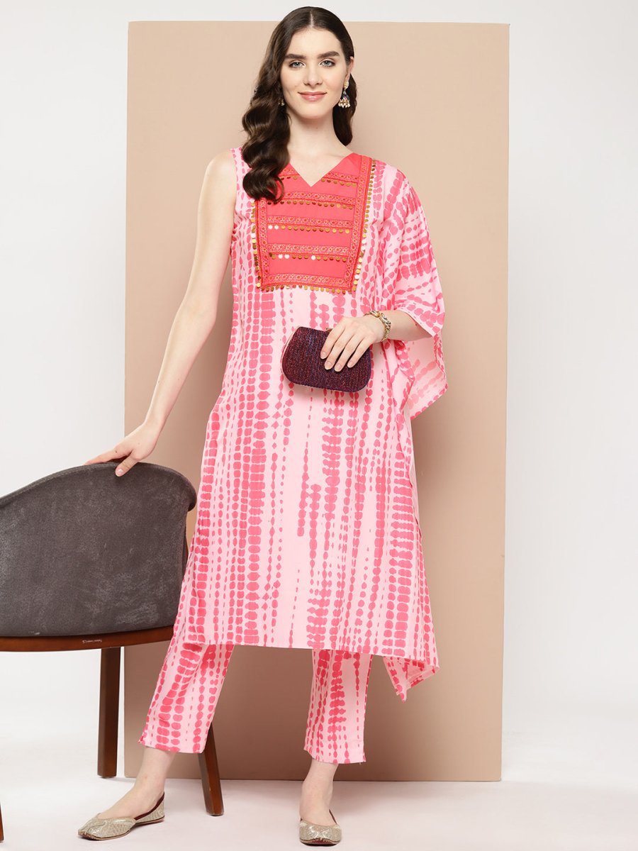 Ahalyaa Printed One-Shoulder Flared Sleeve Sequinned Kurta with Trousers - Distacart