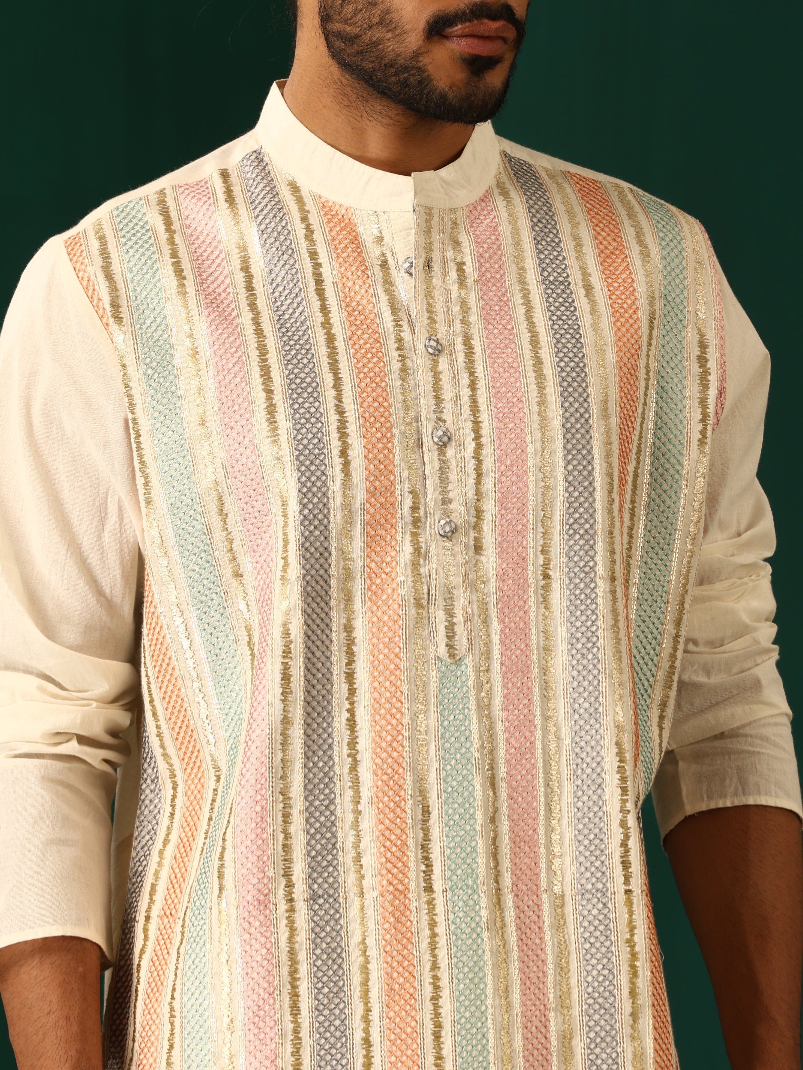 trueBrowns Men's Ivory Multi Colour Striped Cotton Kurta - Distacart
