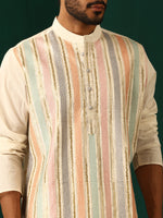 Thumbnail for trueBrowns Men's Ivory Multi Colour Striped Cotton Kurta - Distacart