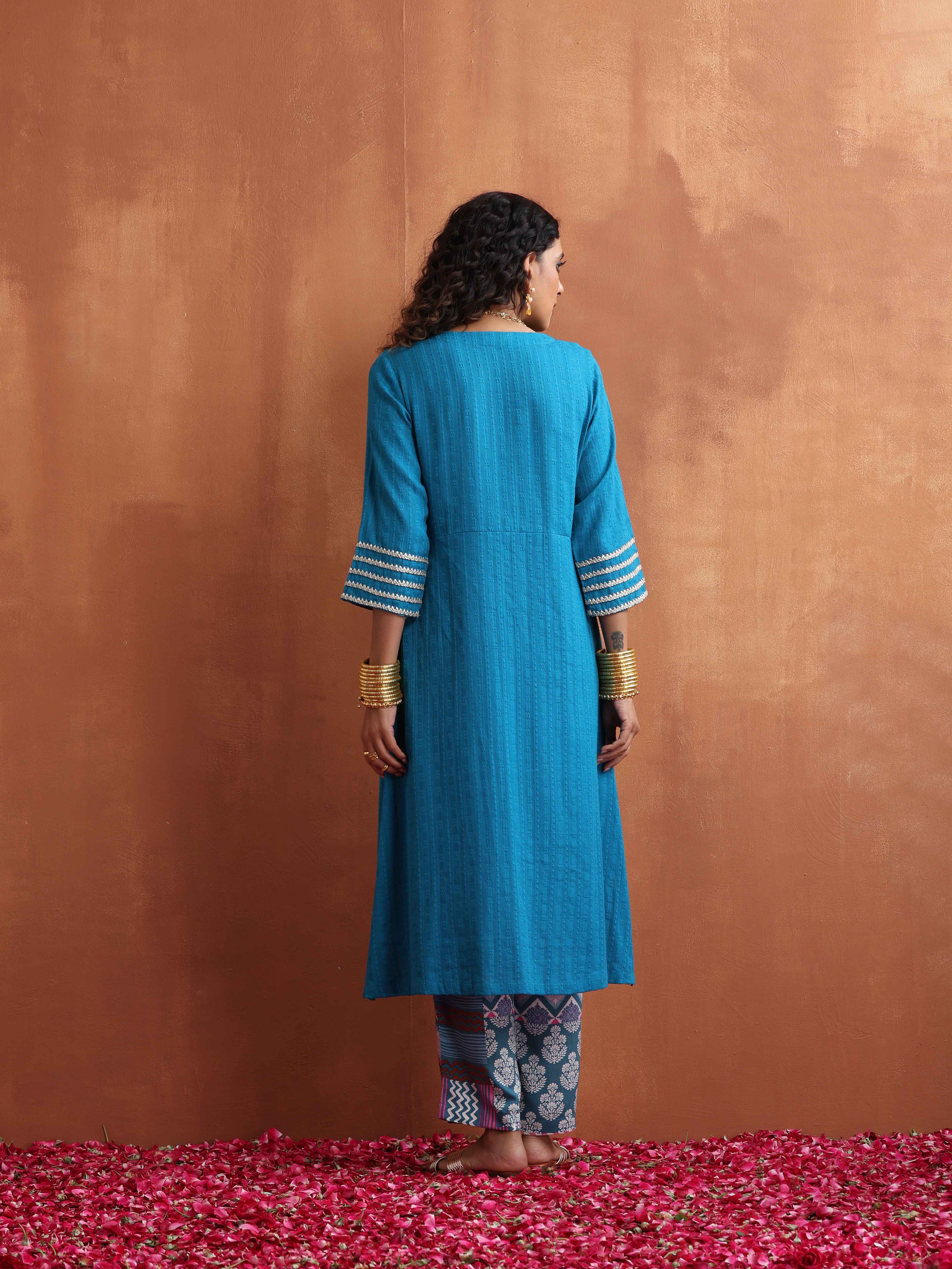 trueBrowns Blue Cotton Flared Anarkali Kurta Set - Distacart
