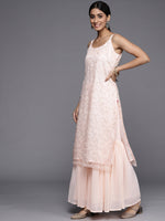 Thumbnail for Varanga Peach Embroidered Kurta Paired With Tonal Sharara And Dupatta - Distacart