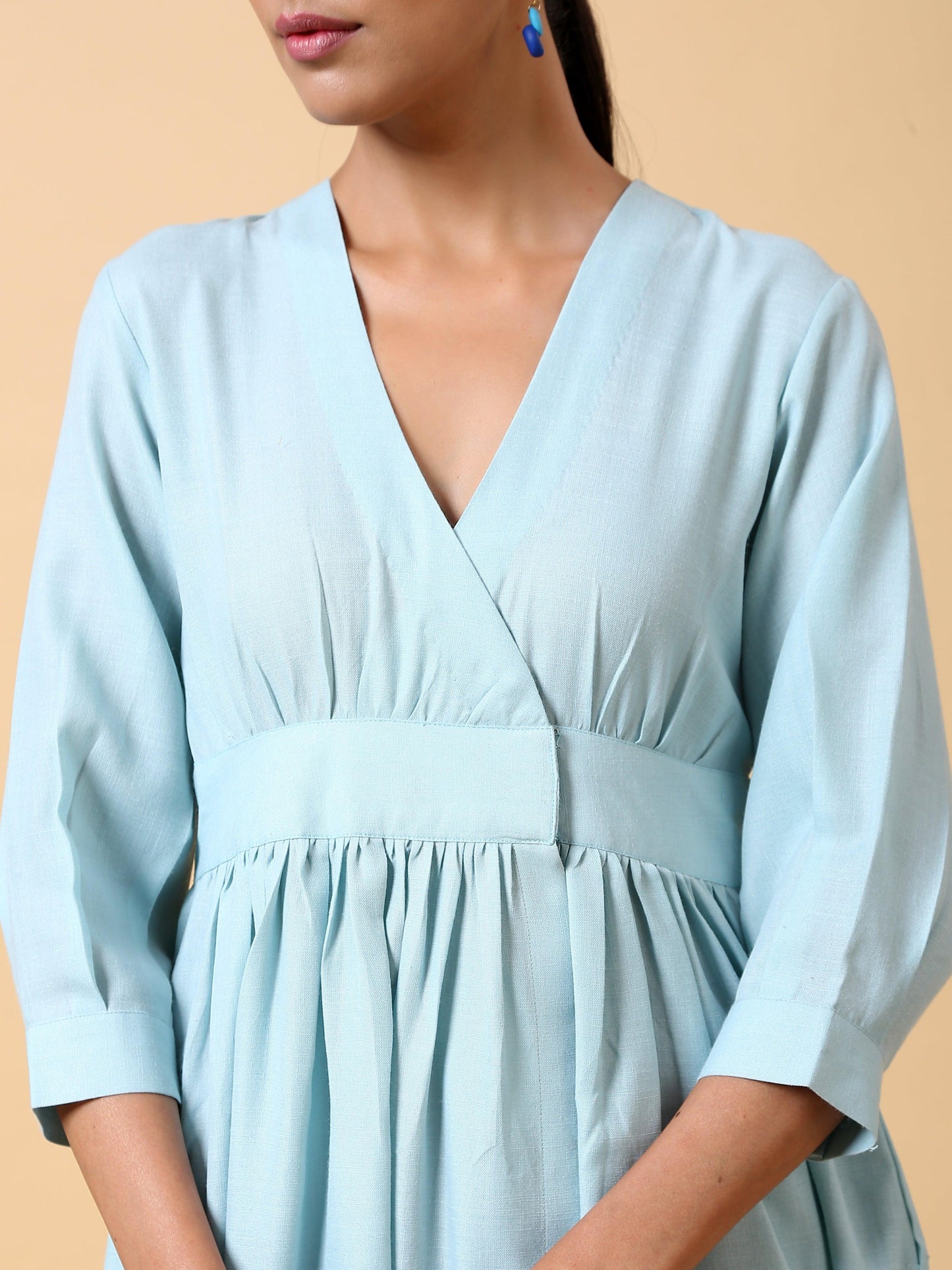 trueBrowns Cotton Linen Light Blue Wrap Dress - Distacart