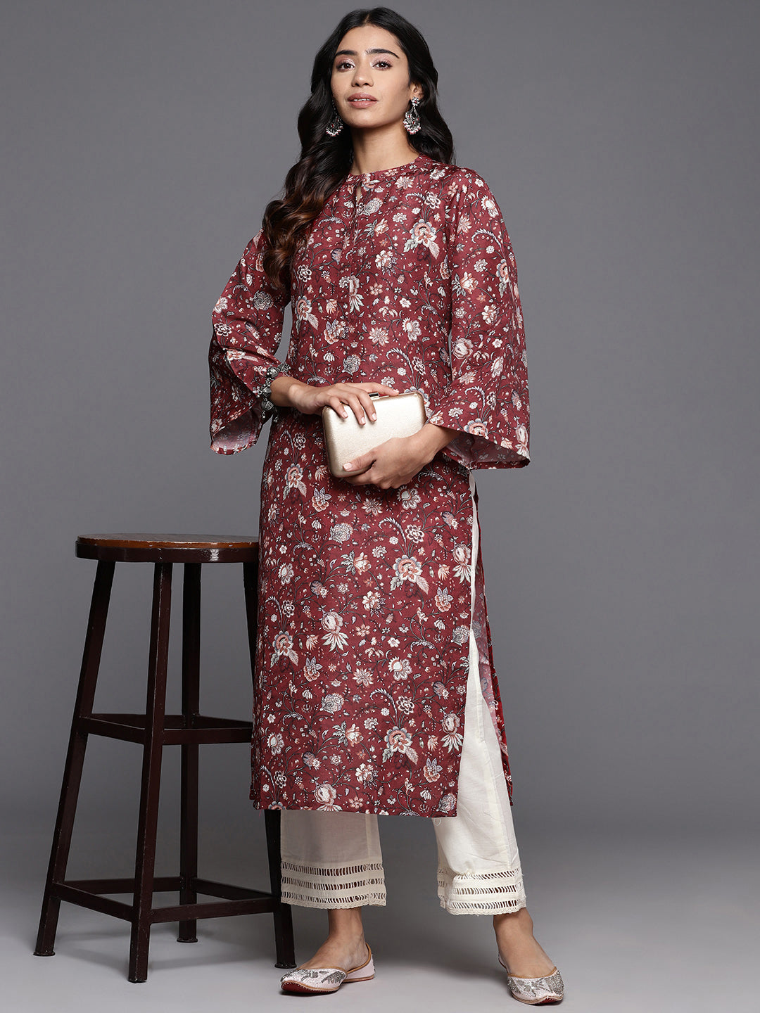 Varanga Women Maroon Floral Printed Straight Kurta With Flared Sleeves - Distacart