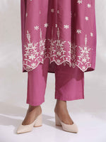 Thumbnail for trueBrowns Pink Cotton Floral Embroidered Flared Kurta Set