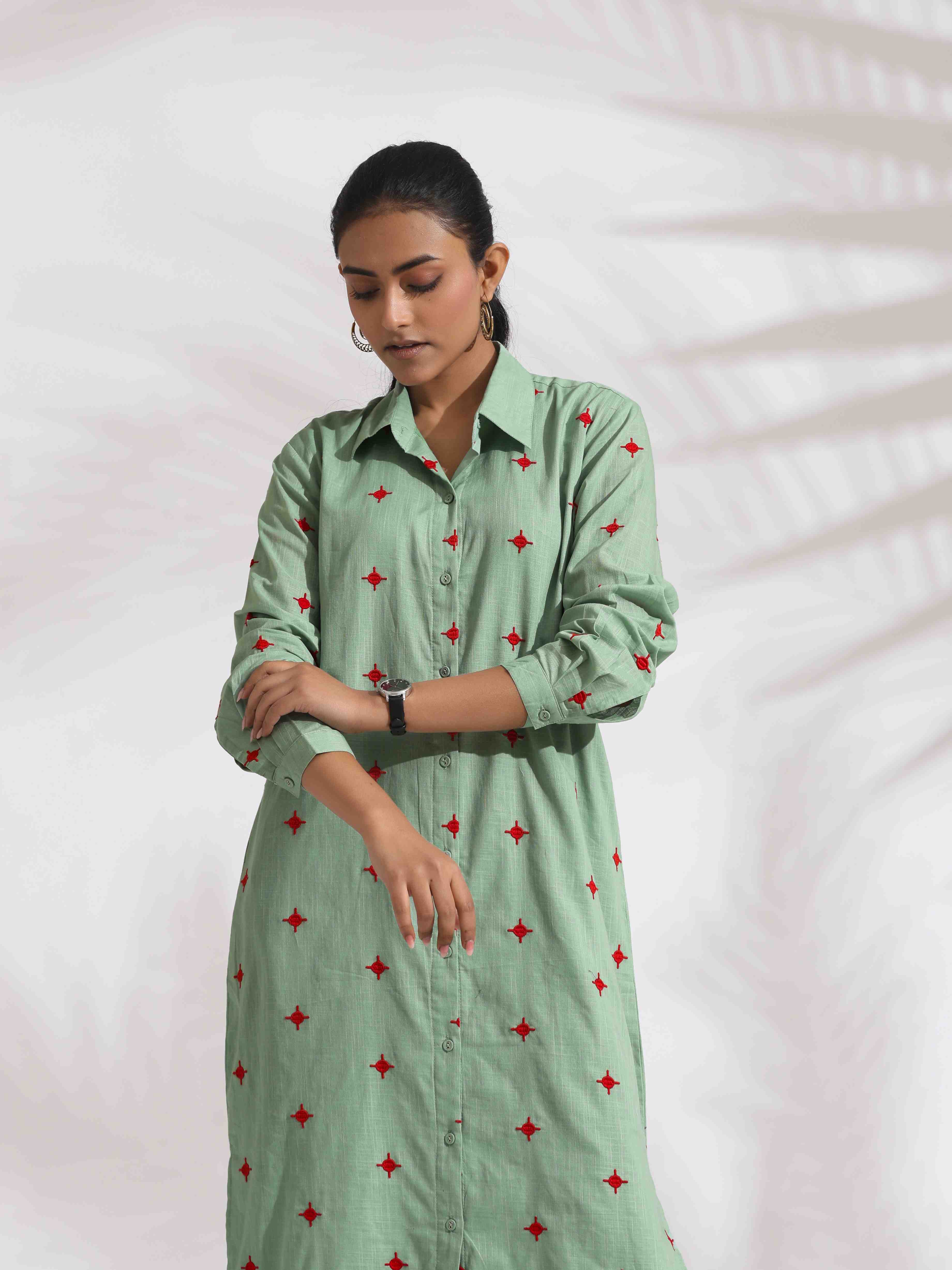 trueBrowns Green Cotton Embroidered Shirt Dress - Distacart
