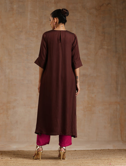 trueBrowns Cola Brown Modal Satin Neck Pleat Kurta Set - Distacart