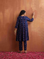 Thumbnail for trueBrowns Blue Floral Print Flared Anarkali Kurta Co-ord Set