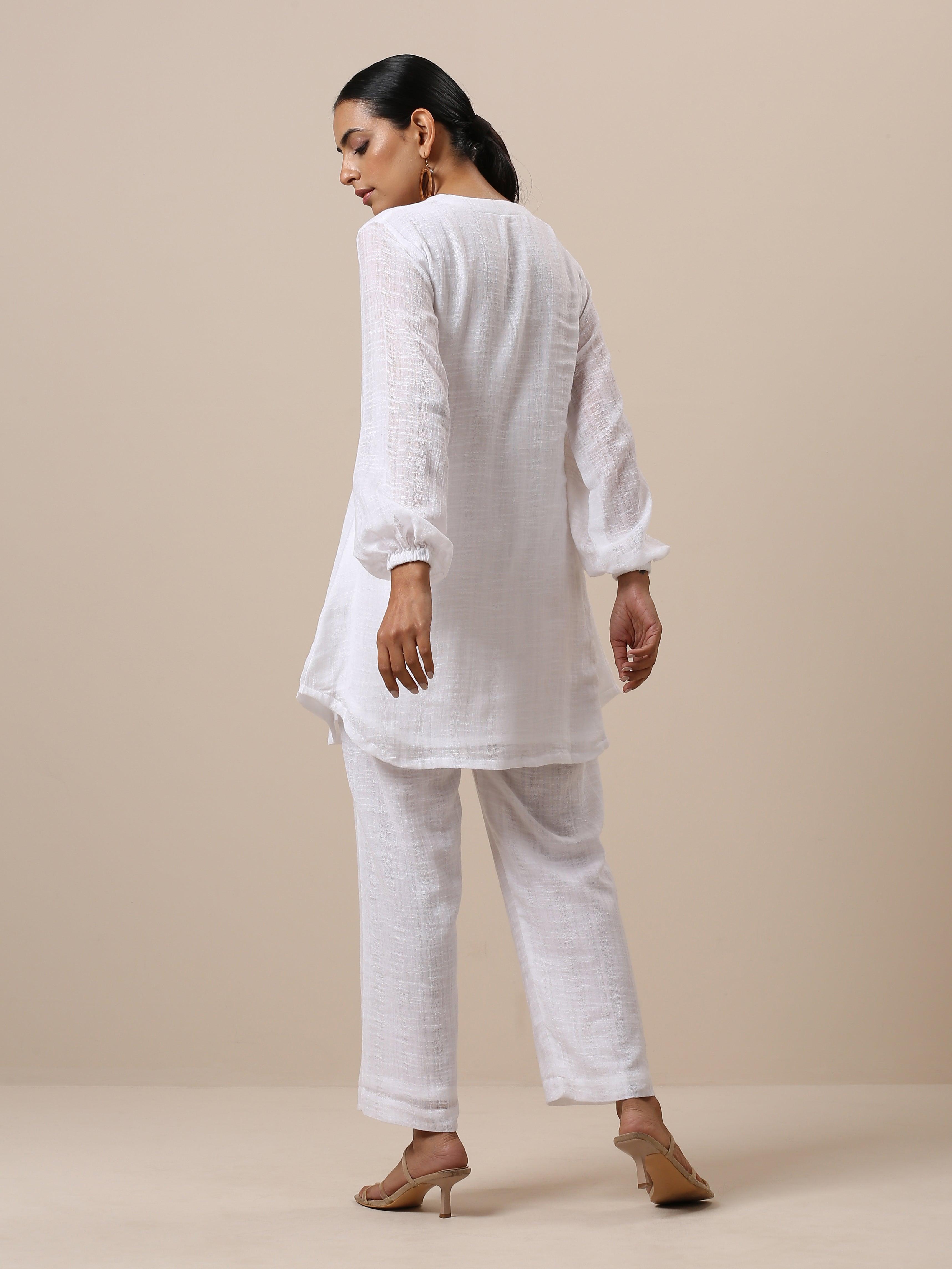 trueBrowns Gauze White Short Co-Ord Set - Distacart
