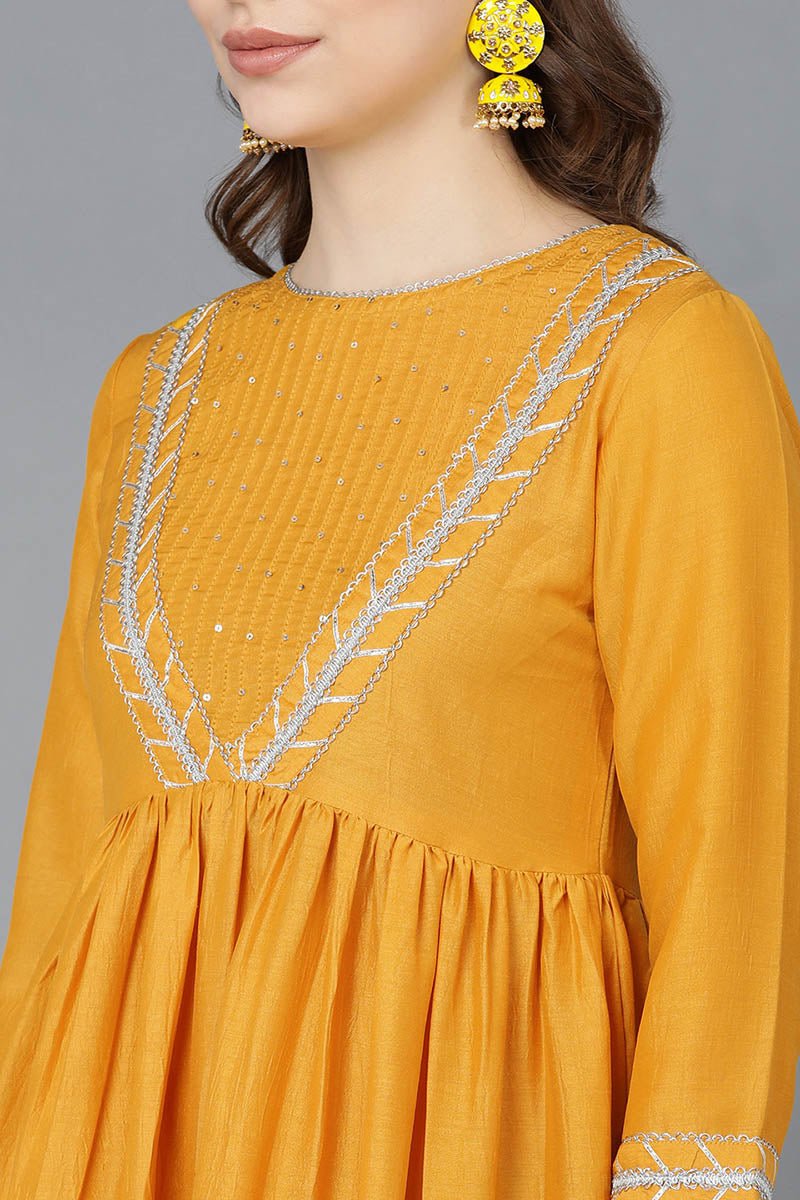 Ahika Mustard Poly Silk Flared Suit Set