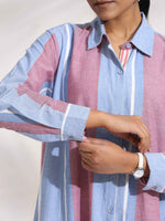 Thumbnail for trueBrowns Blue Cotton Stripe Flared Shirt Dress