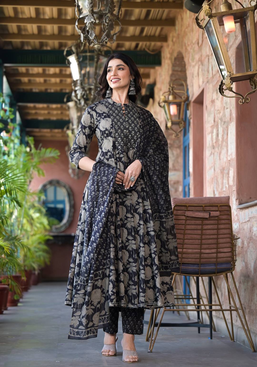 Varanga Women Black Mandarin Collar Embellished Yoke Three-Quarter Sleeves Paired With Printed Bottom And Dupatta - Distacart