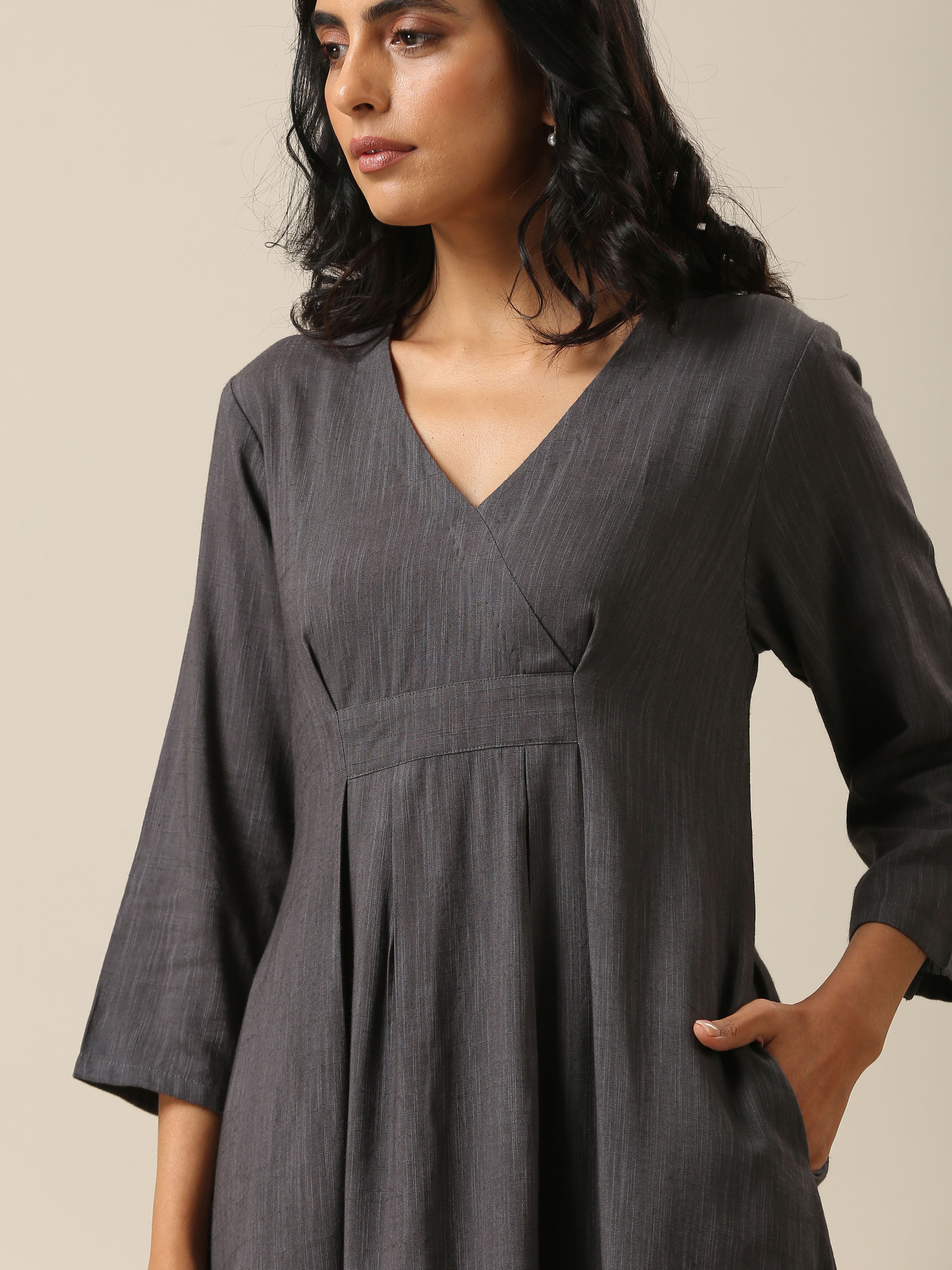 trueBrowns Slate Grey Slub Texture Overlap Pleat Kurta Pant Set | Relove