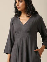 Thumbnail for trueBrowns Slate Grey Slub Texture Overlap Pleat Kurta Pant Set | Relove
