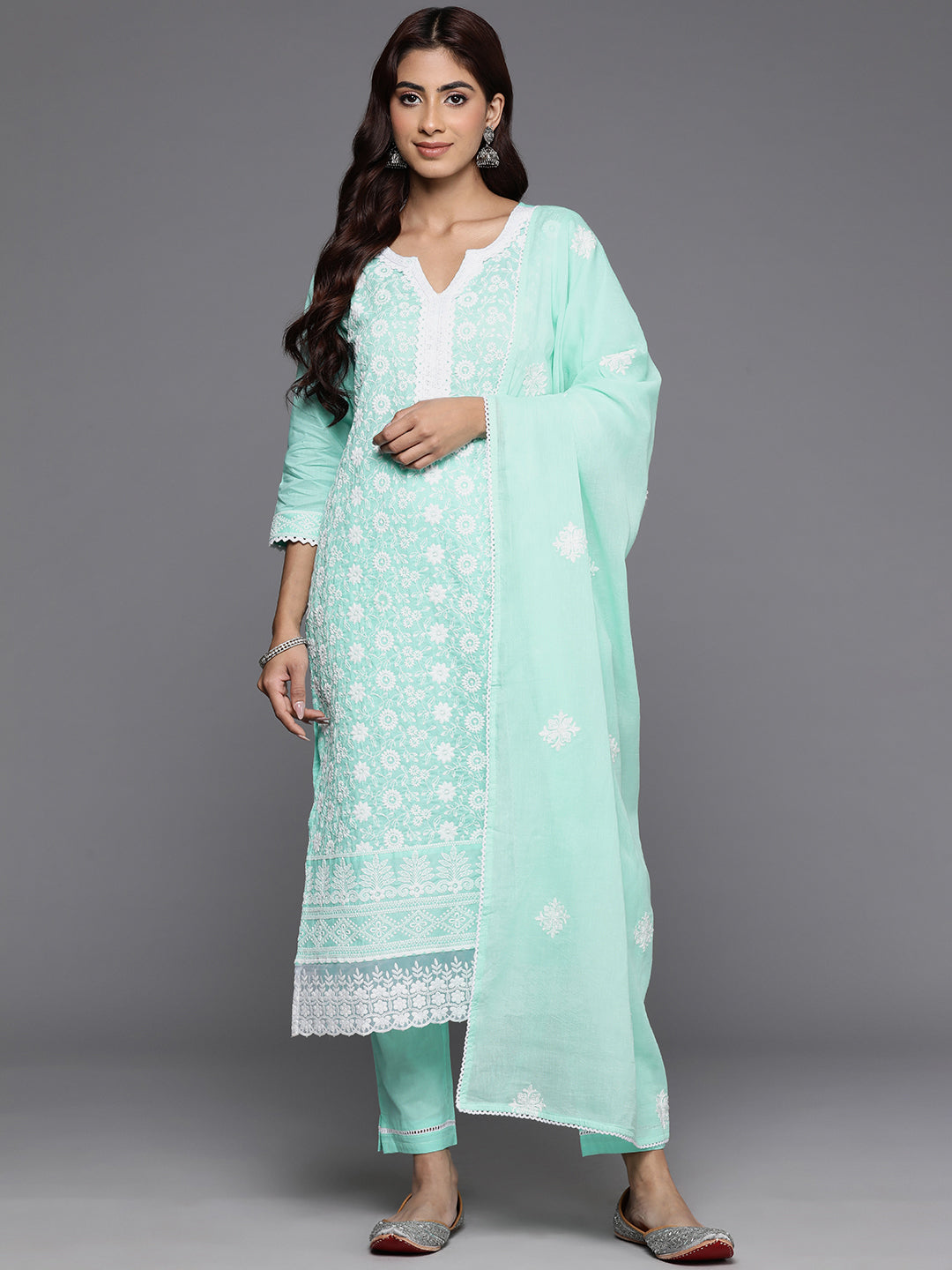 Varanga Women Sea Green Thread Embroidered Straight Kurta With Bottom And Dupatta - Distacart